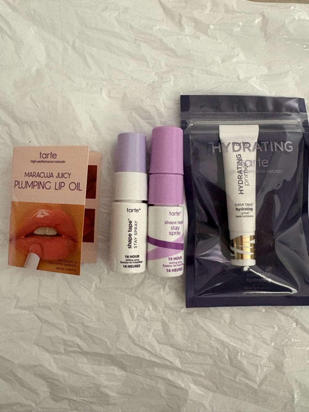 Tarte Travel Size Shape Tape Setting Sprays, Rose lip oil, and Primer